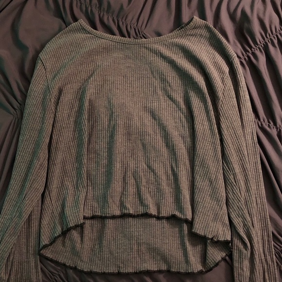Dark grey 90s ribbed lettuce trim long sleeve top - Picture 2 of 4